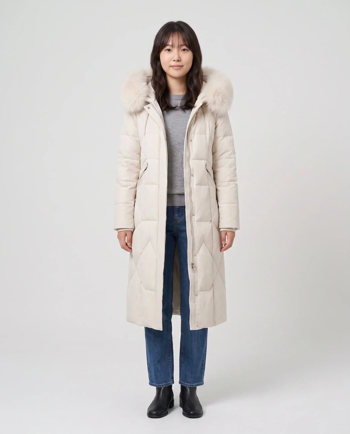 Long Fitted Puffer Parka with Faux Fur Hood