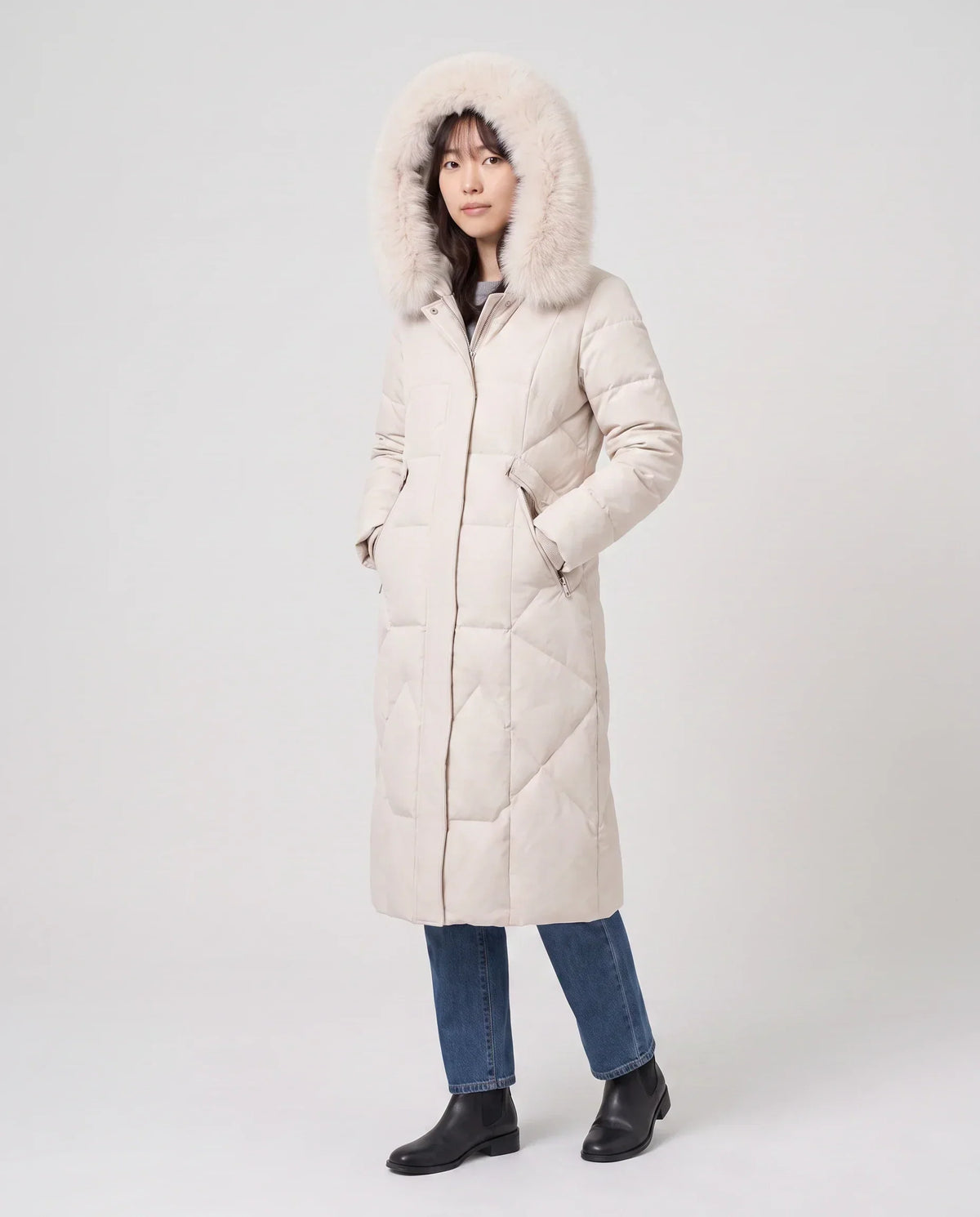 Long Fitted Puffer Parka with Faux Fur Hood