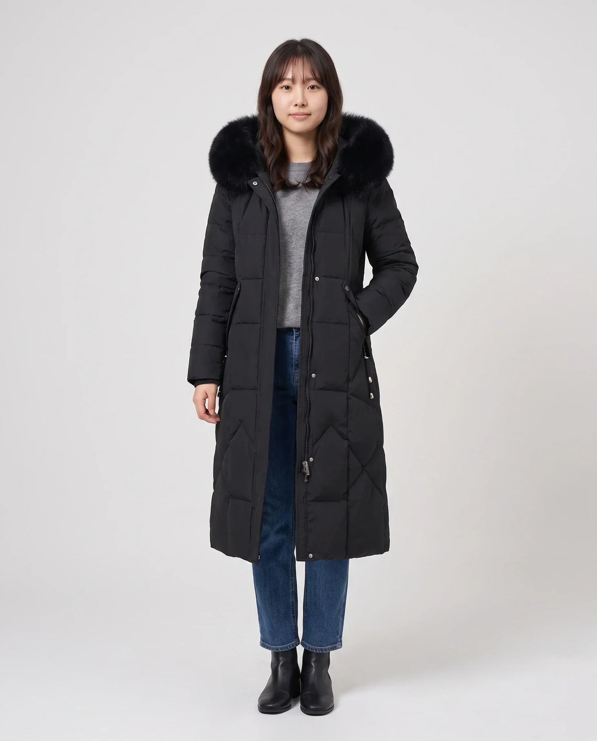 Long Fitted Puffer Parka with Faux Fur Hood