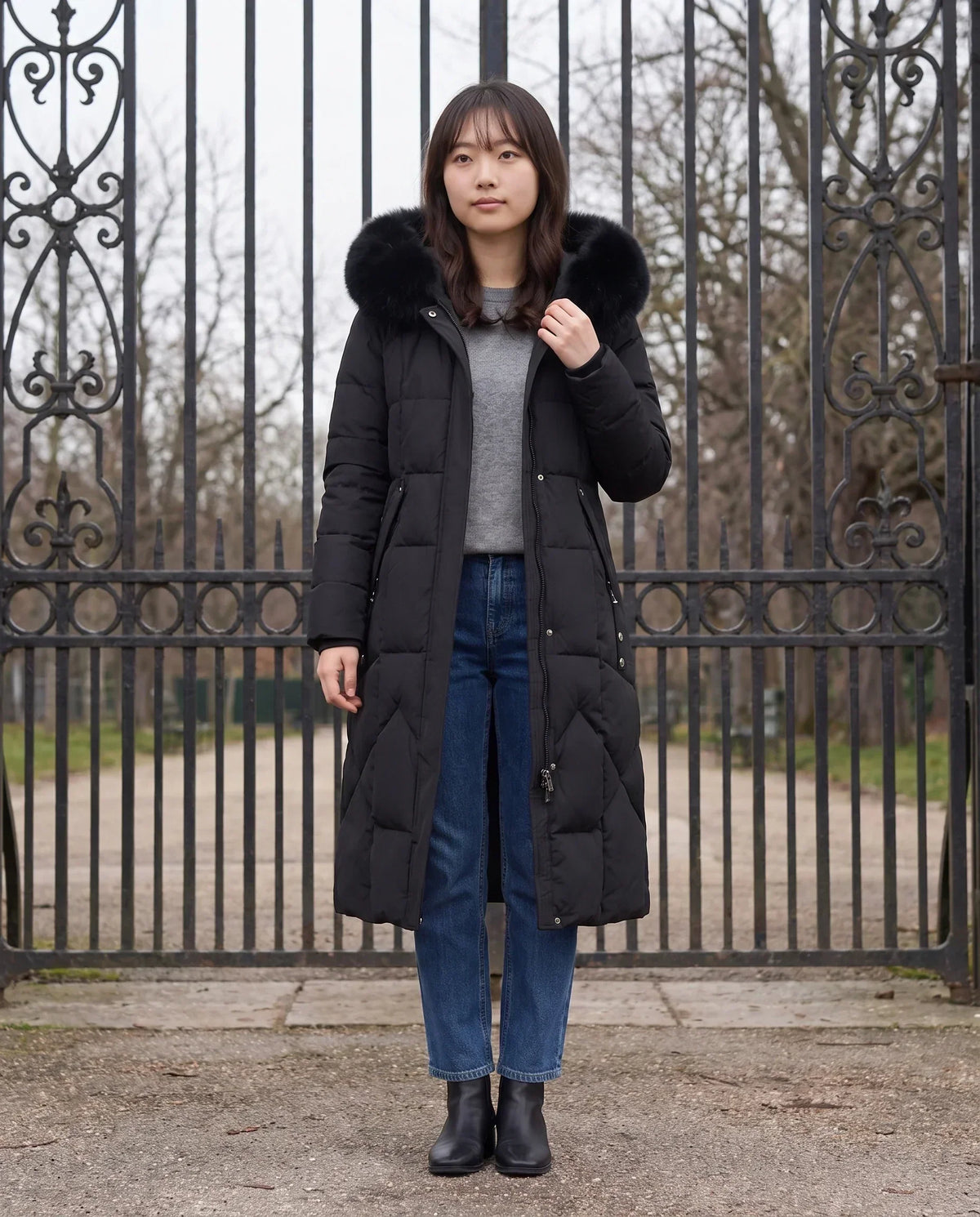 Long Fitted Puffer Parka with Faux Fur Hood