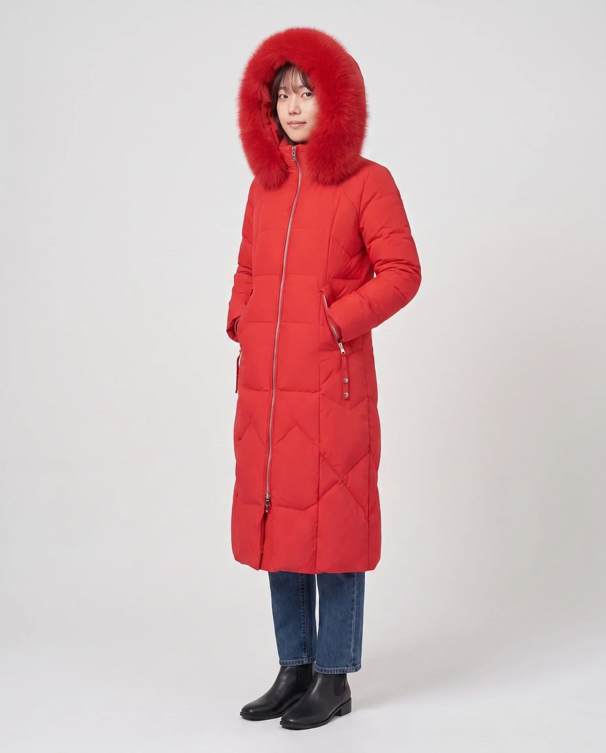 Long Fitted Puffer Parka with Faux Fur Hood