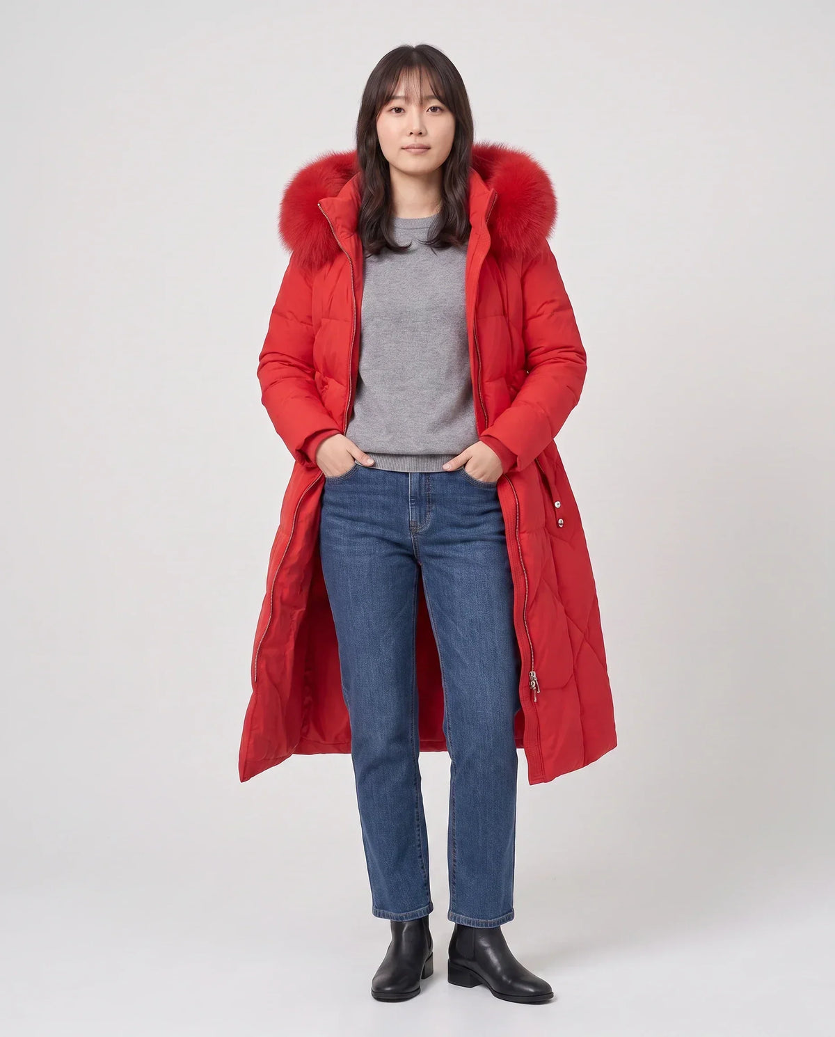 Long Fitted Puffer Parka with Faux Fur Hood