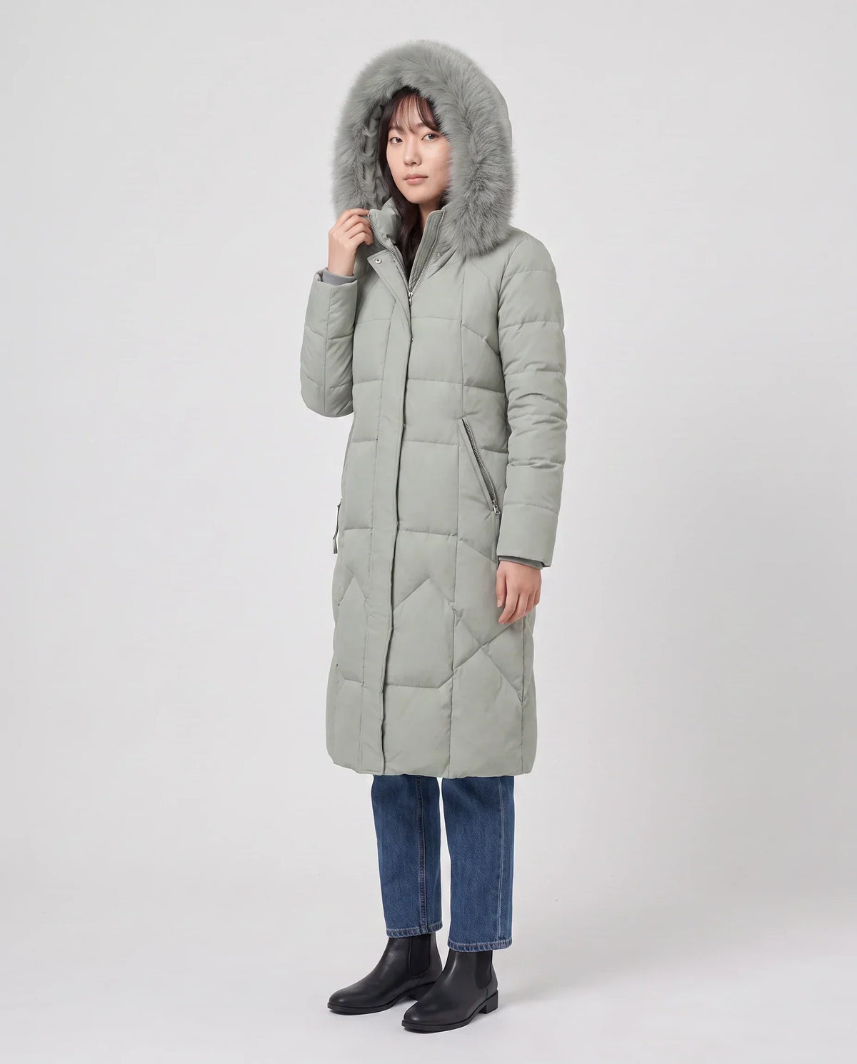 Long Fitted Puffer Parka with Faux Fur Hood
