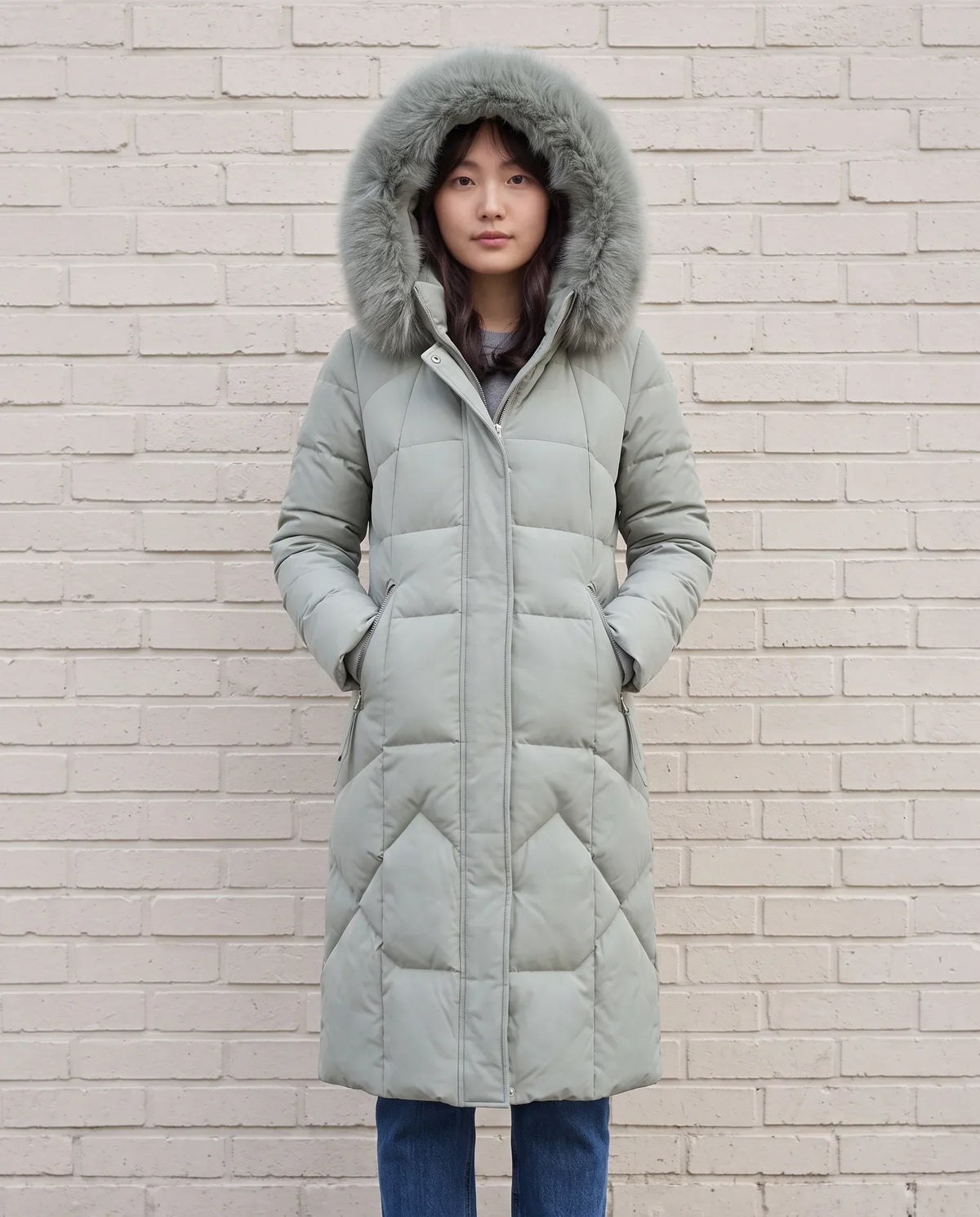 Long Fitted Puffer Parka with Faux Fur Hood