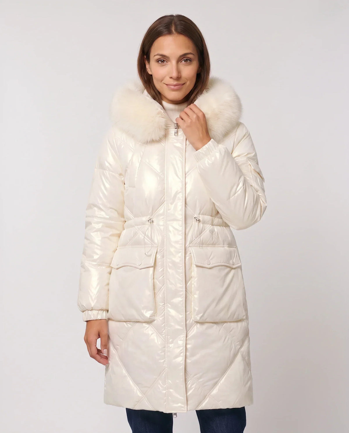 Shiny Mid-Length Parka with Faux Fur Hood
