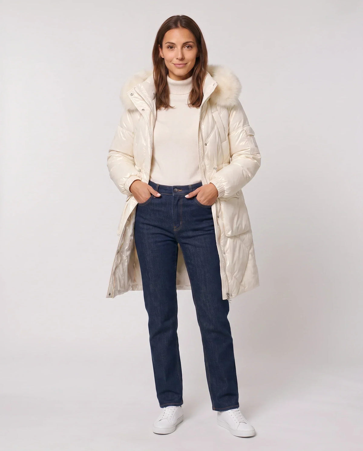 Shiny Mid-Length Parka with Faux Fur Hood