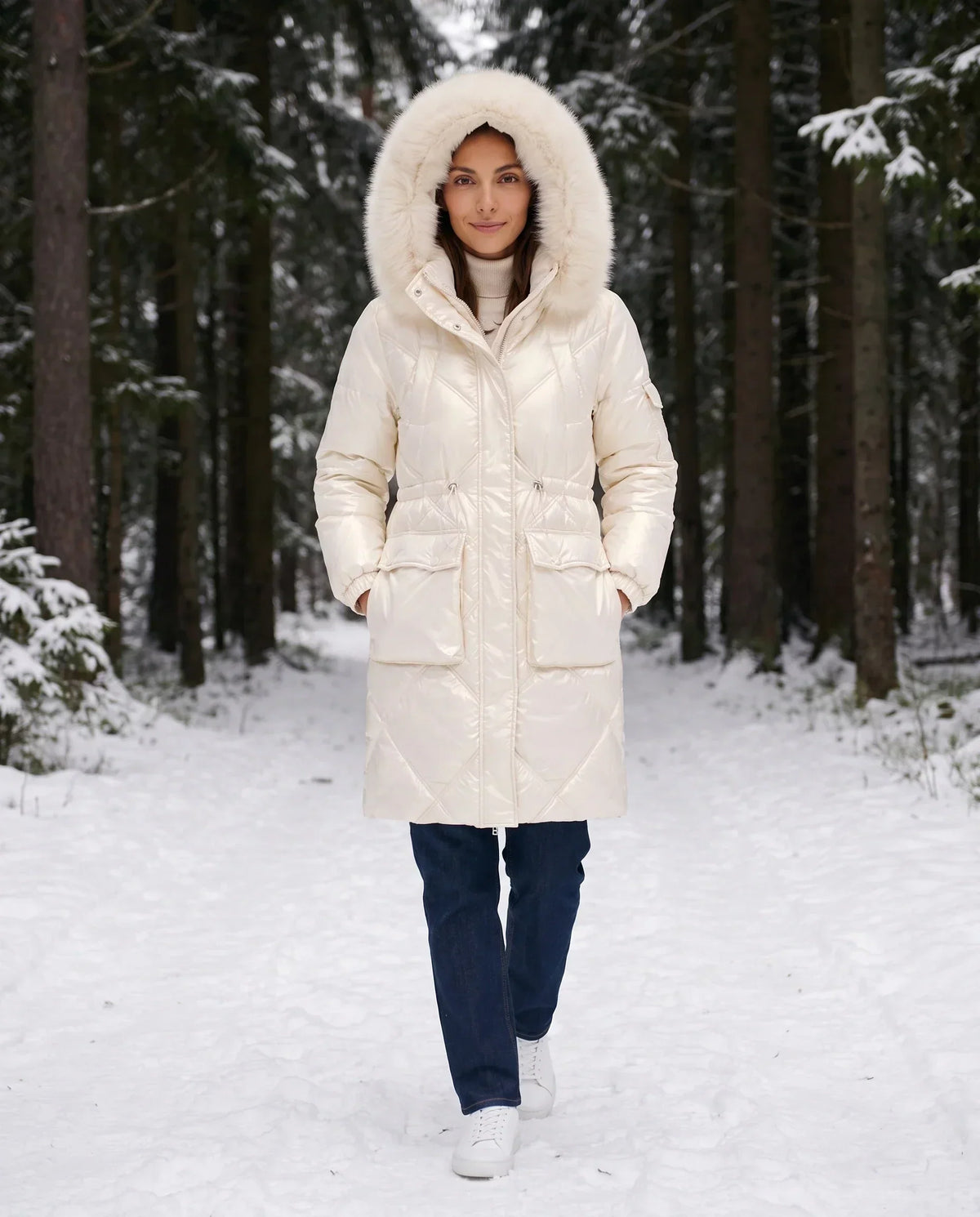 Shiny Mid-Length Parka with Faux Fur Hood