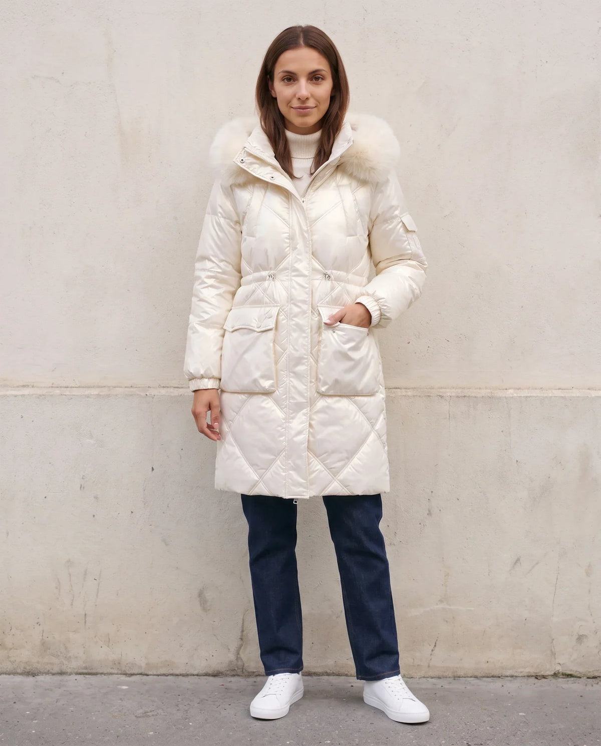 Shiny Mid-Length Parka with Faux Fur Hood