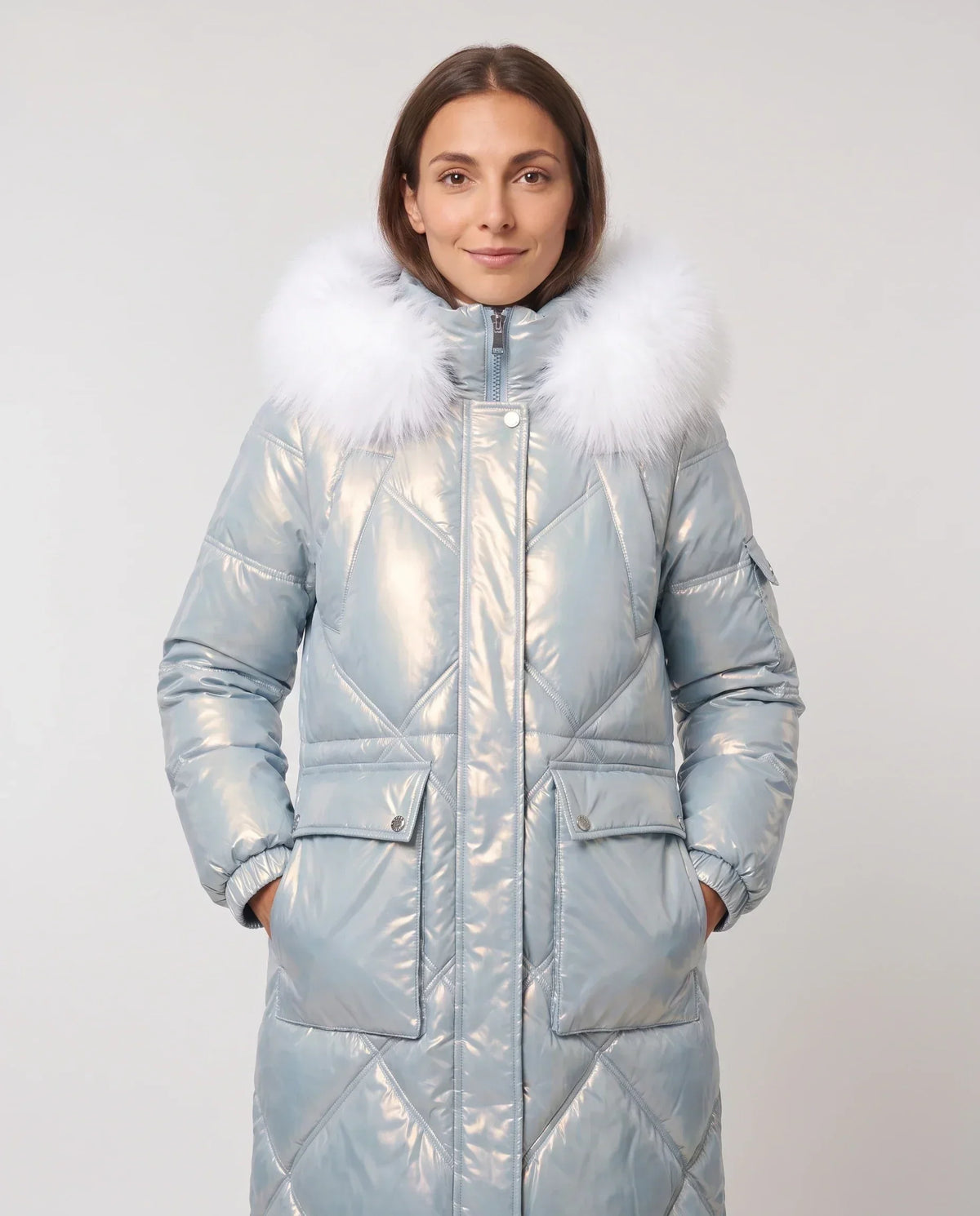 Shiny Mid-Length Parka with Faux Fur Hood