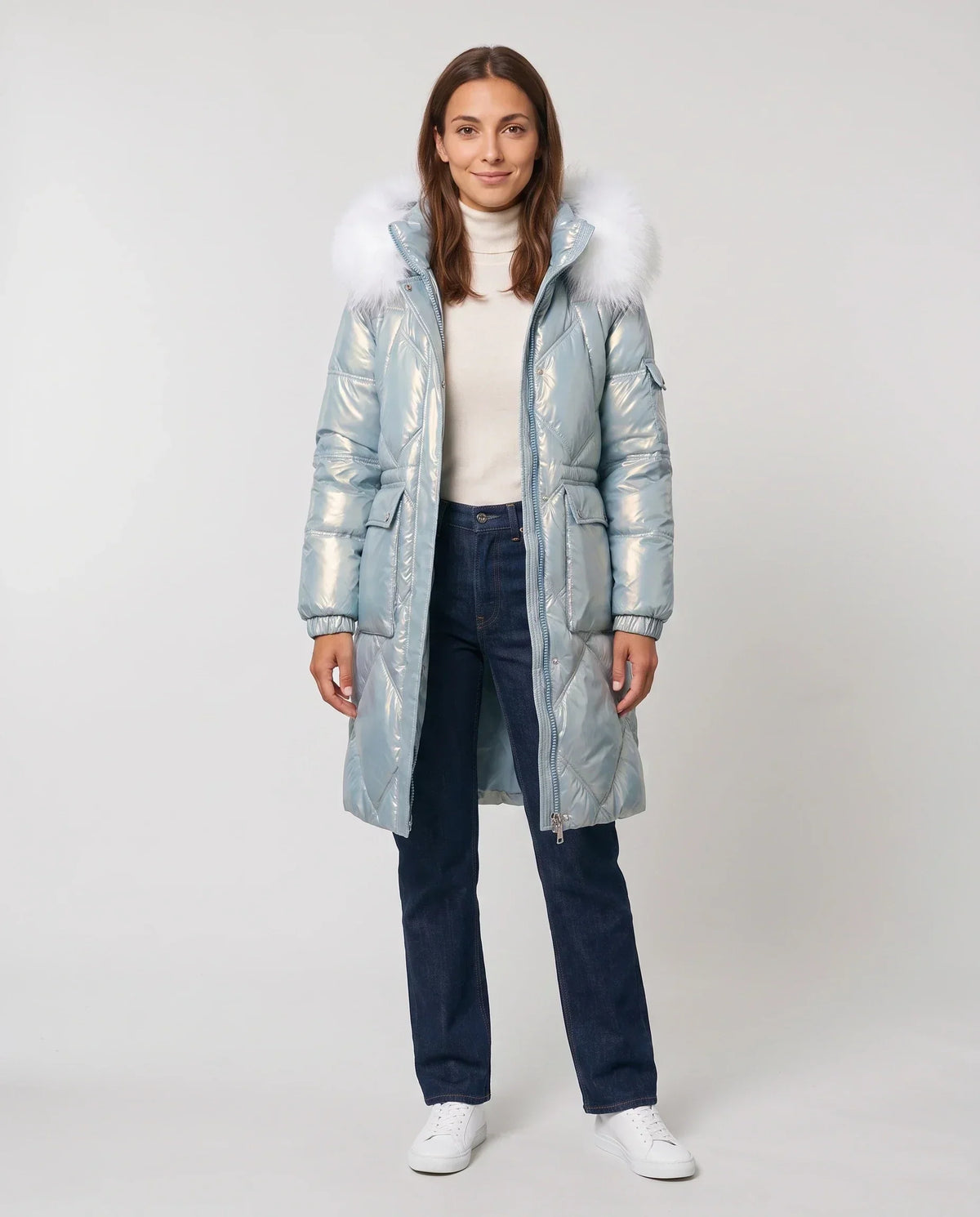 Shiny Mid-Length Parka with Faux Fur Hood