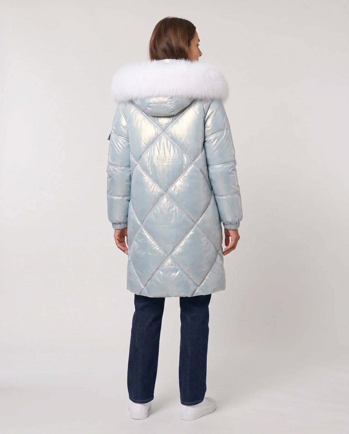 Shiny Mid-Length Parka with Faux Fur Hood