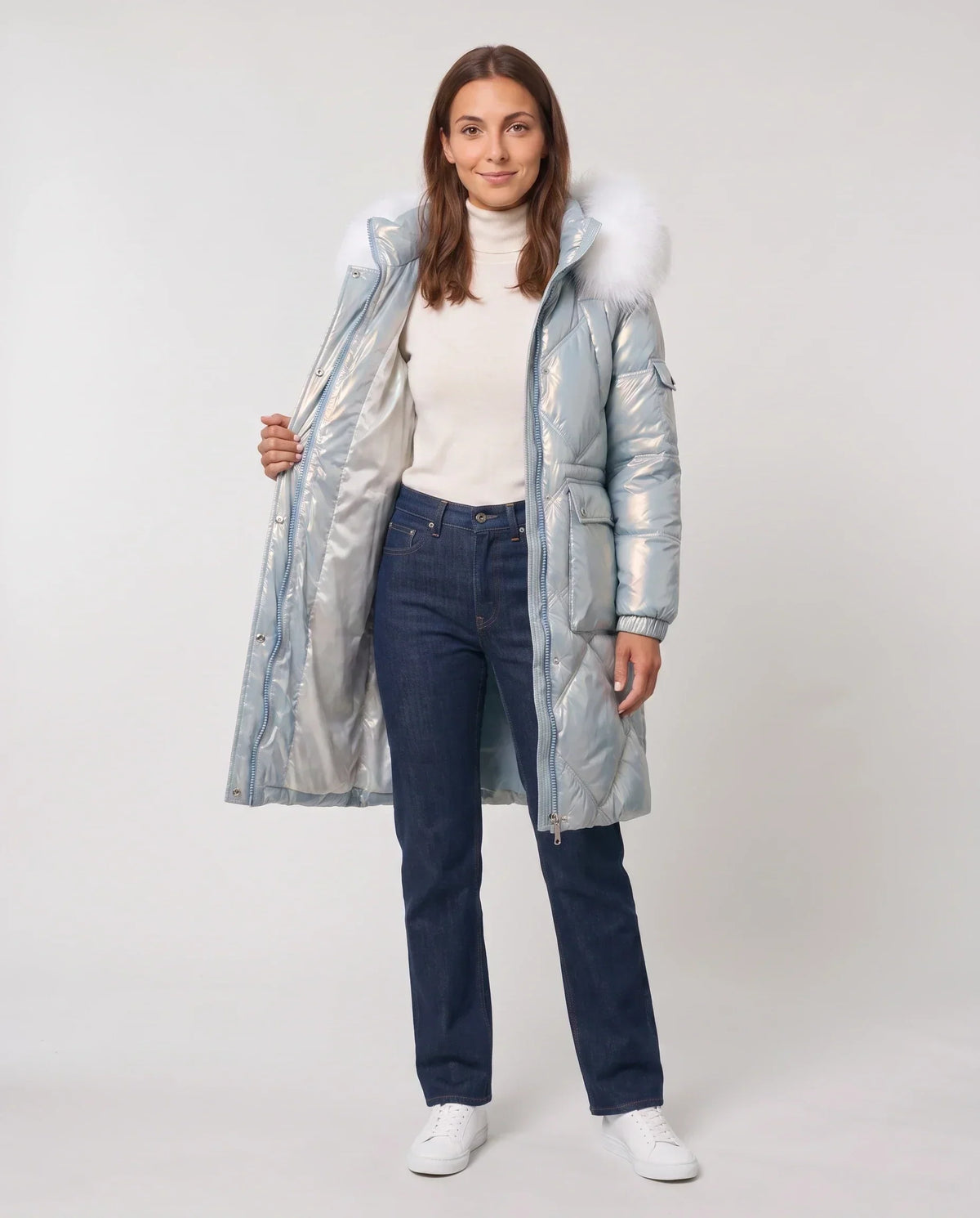 Shiny Mid-Length Parka with Faux Fur Hood