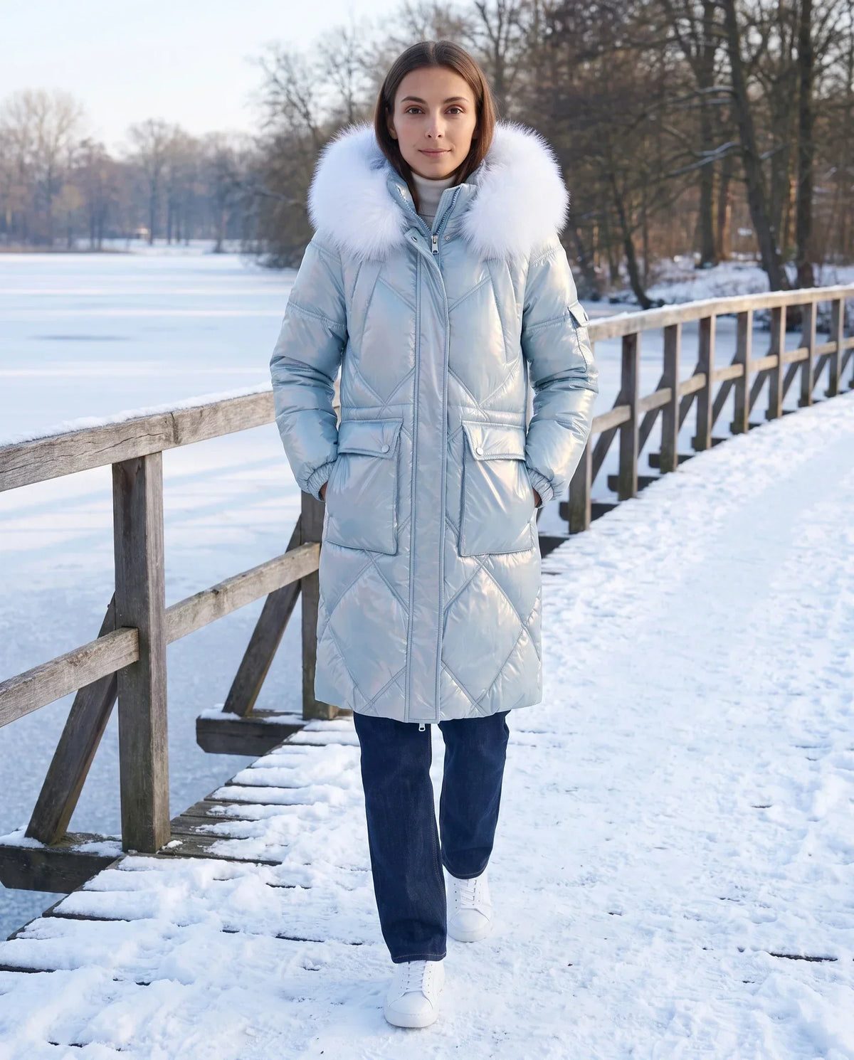 Shiny Mid-Length Parka with Faux Fur Hood