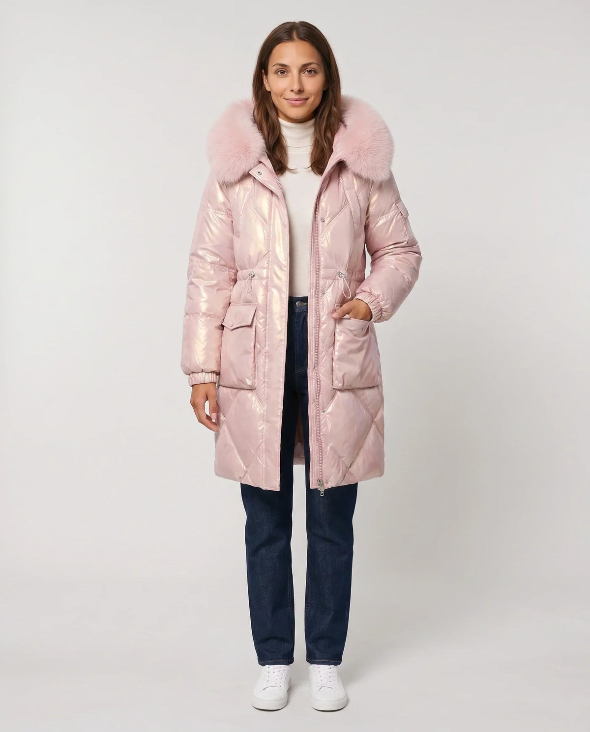 Shiny Mid-Length Parka with Faux Fur Hood