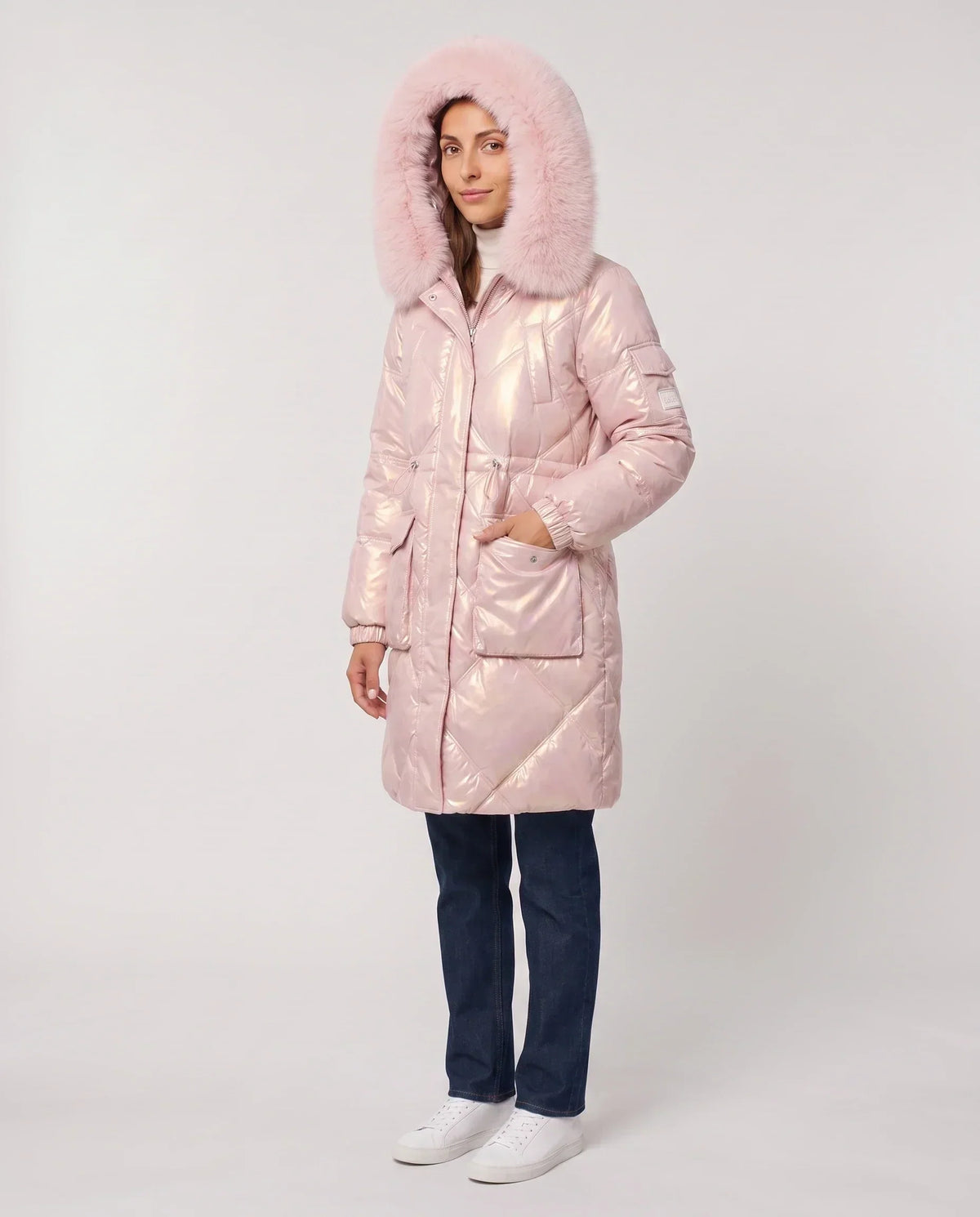 Shiny Mid-Length Parka with Faux Fur Hood