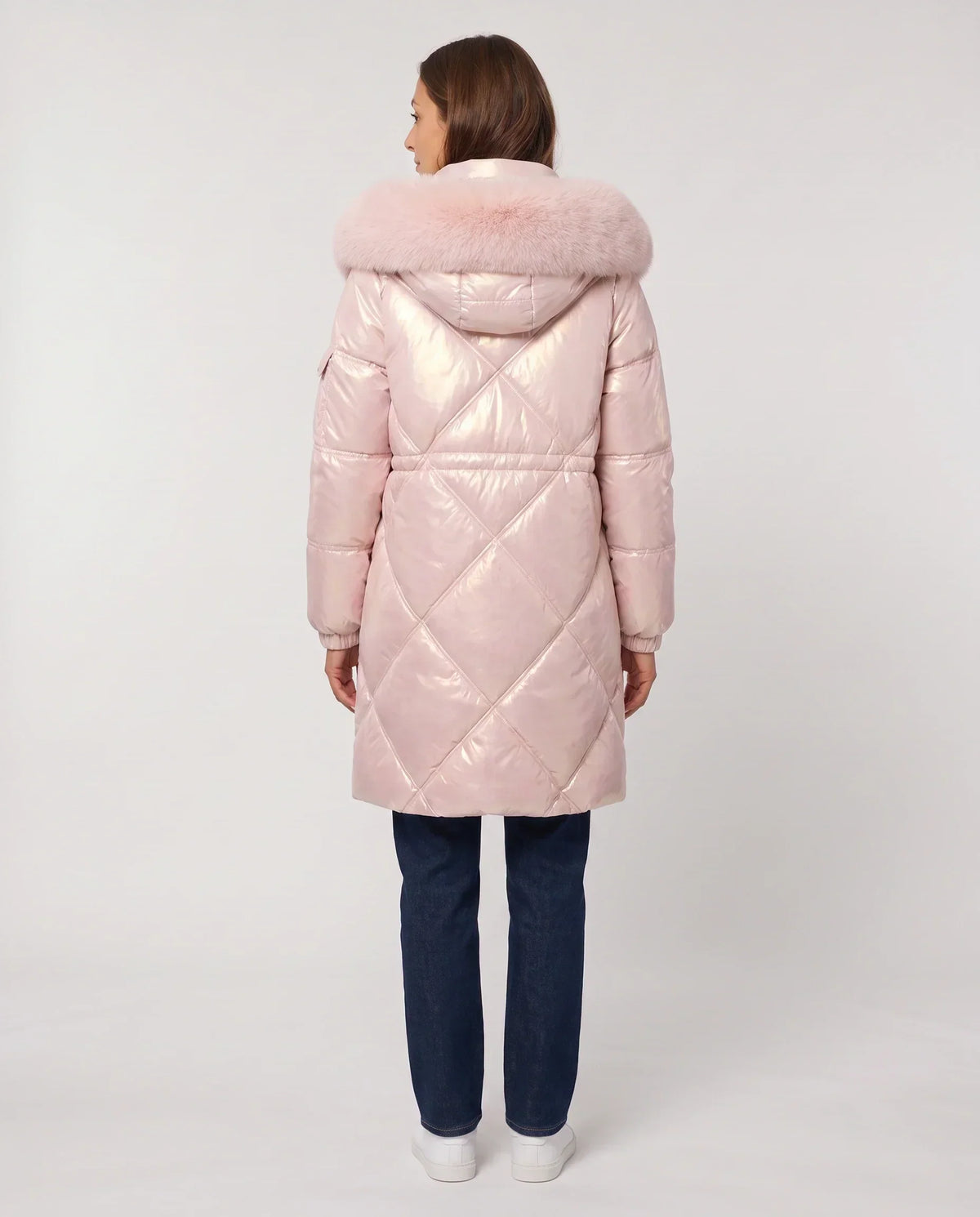 Shiny Mid-Length Parka with Faux Fur Hood