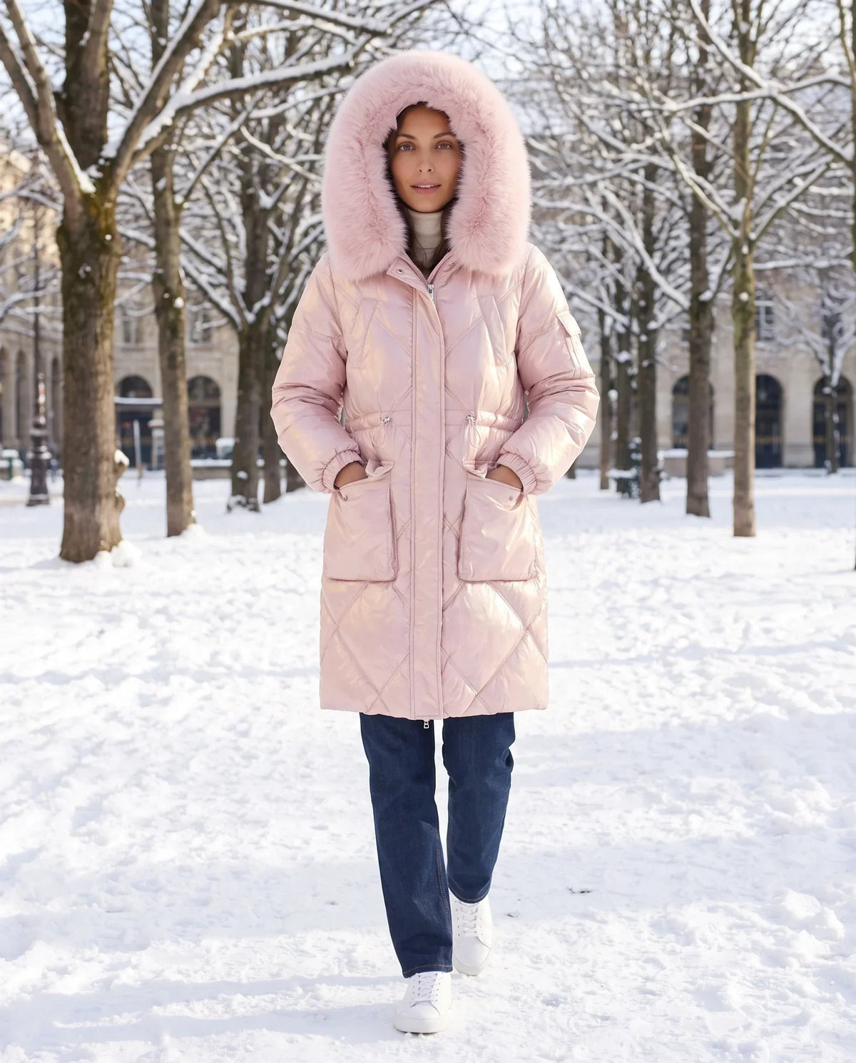 Shiny Mid-Length Parka with Faux Fur Hood