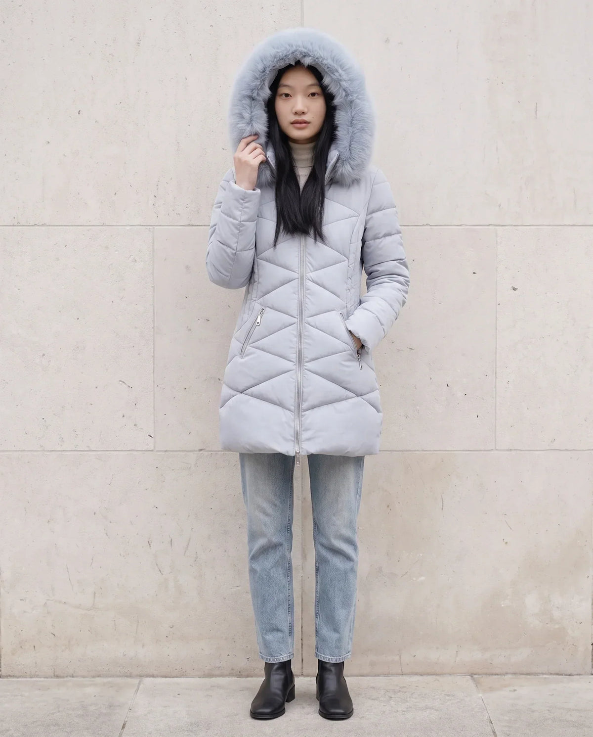 Fitted Mid-Length Parka with Faux Fur Hood