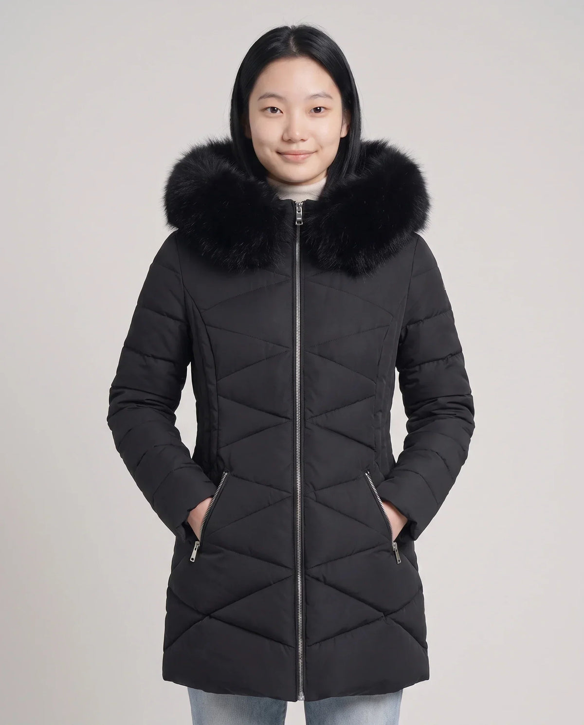 Fitted Mid-Length Parka with Faux Fur Hood