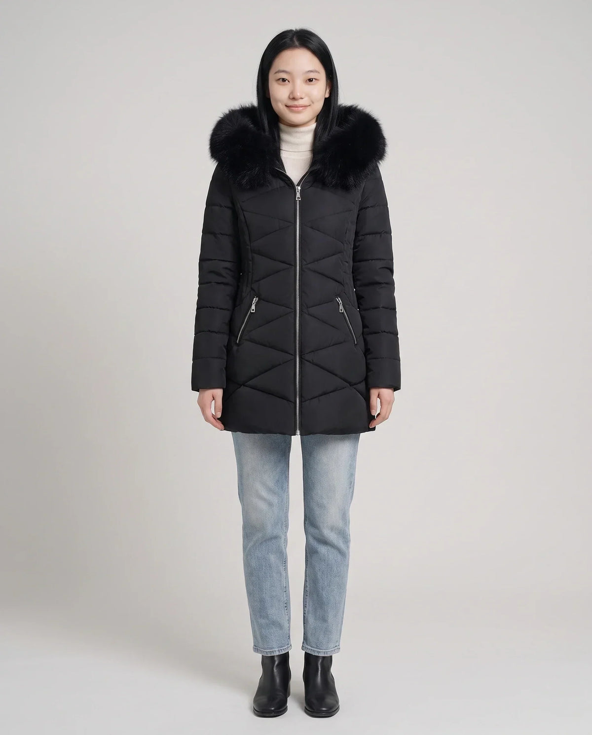 Fitted Mid-Length Parka with Faux Fur Hood