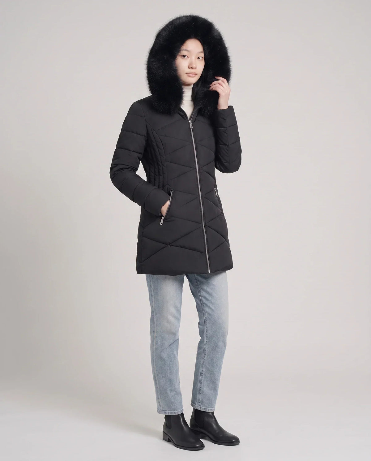 Fitted Mid-Length Parka with Faux Fur Hood
