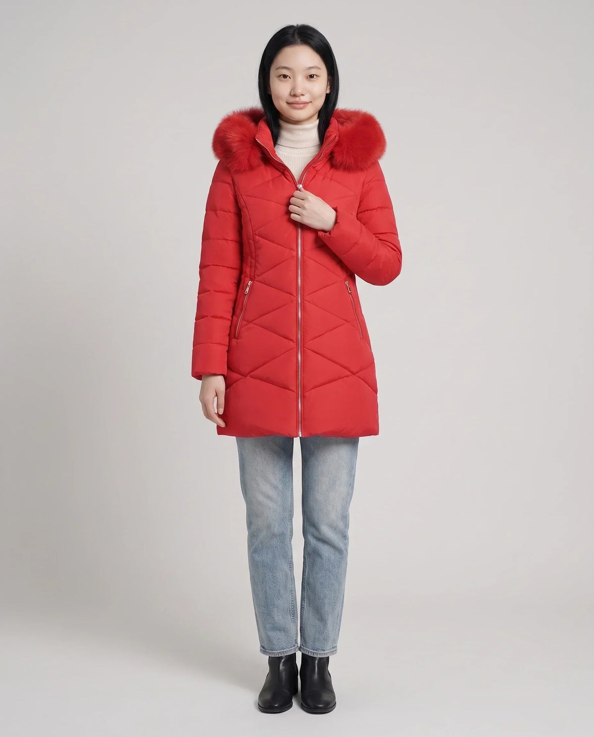 Fitted Mid-Length Parka with Faux Fur Hood