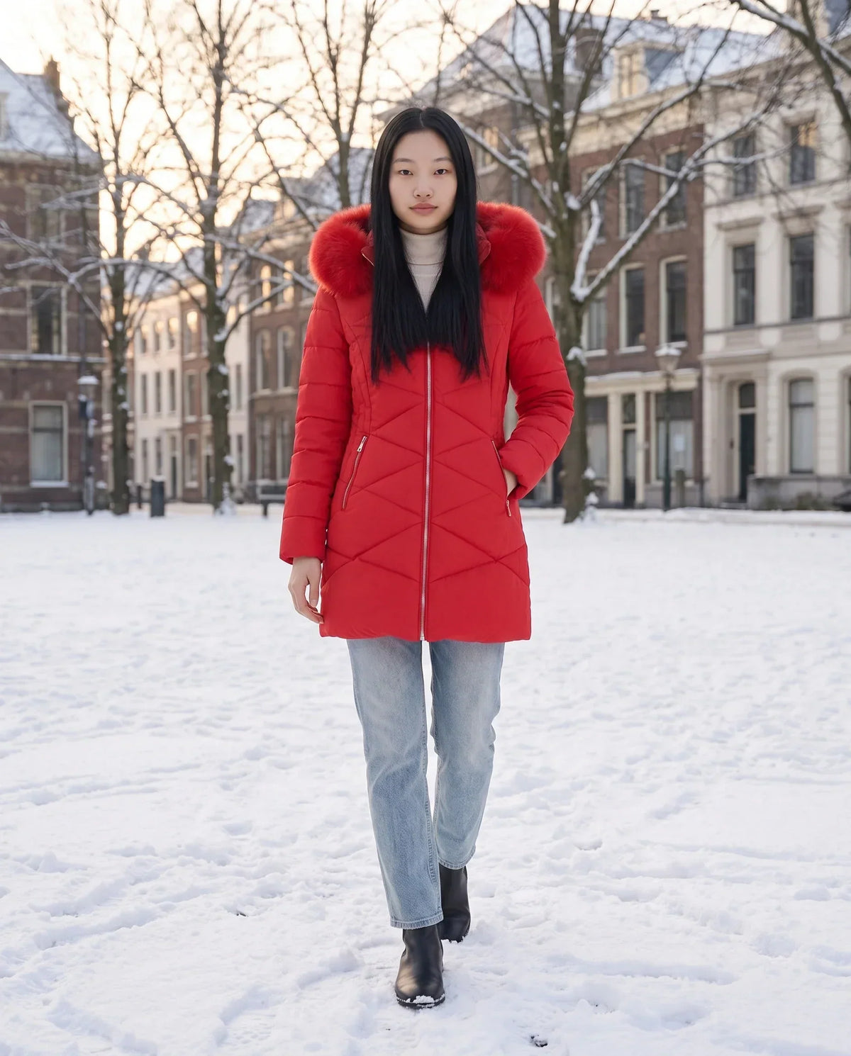 Fitted Mid-Length Parka with Faux Fur Hood