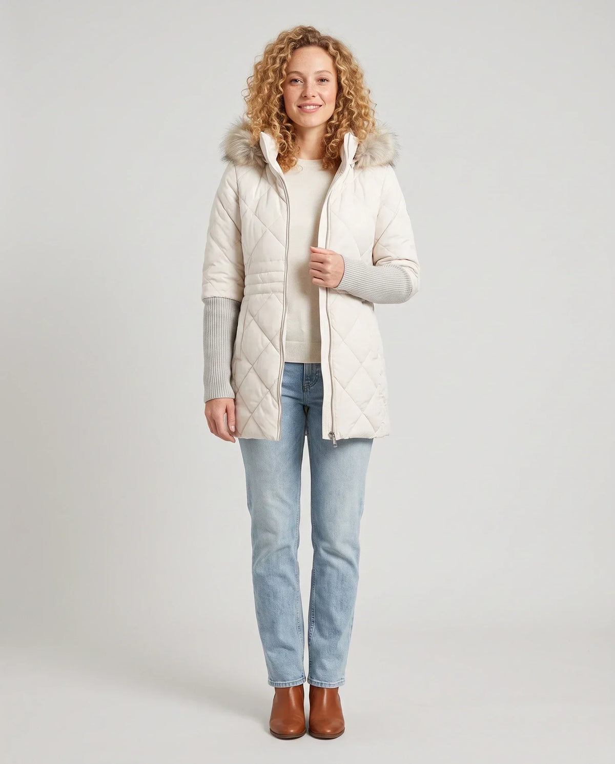 Mid-Length Quilted Parka with Knitted Sleeves