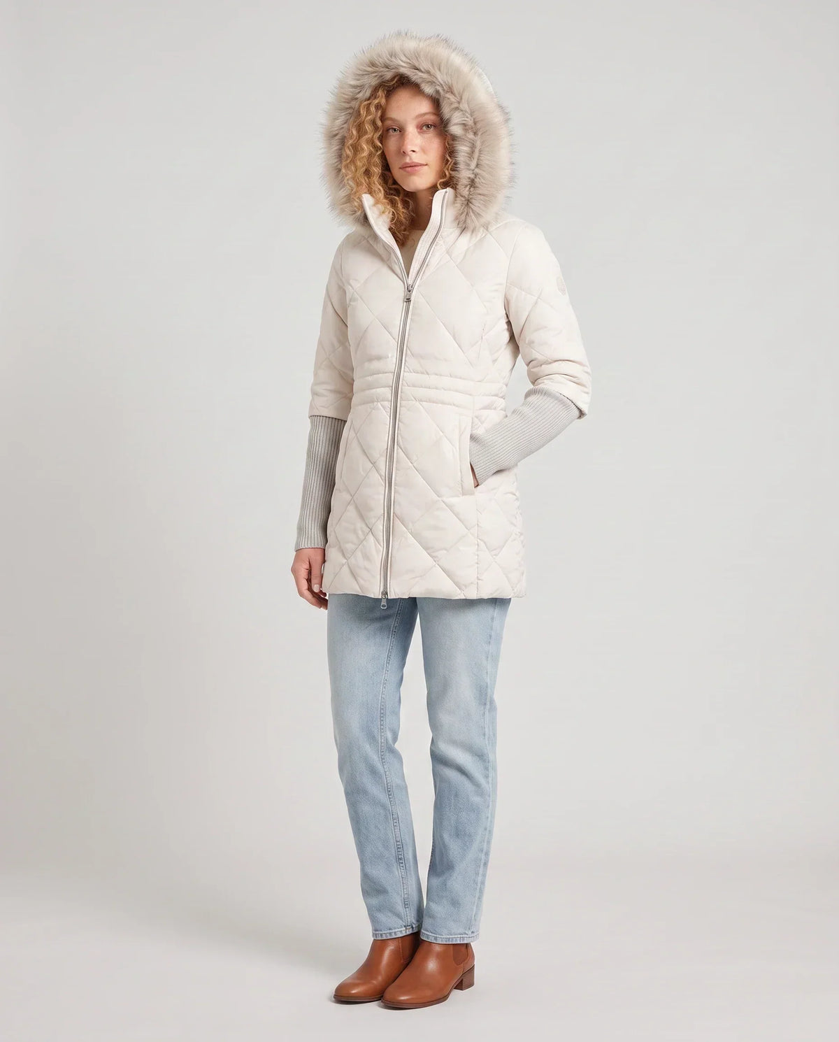 Mid-Length Quilted Parka with Knitted Sleeves