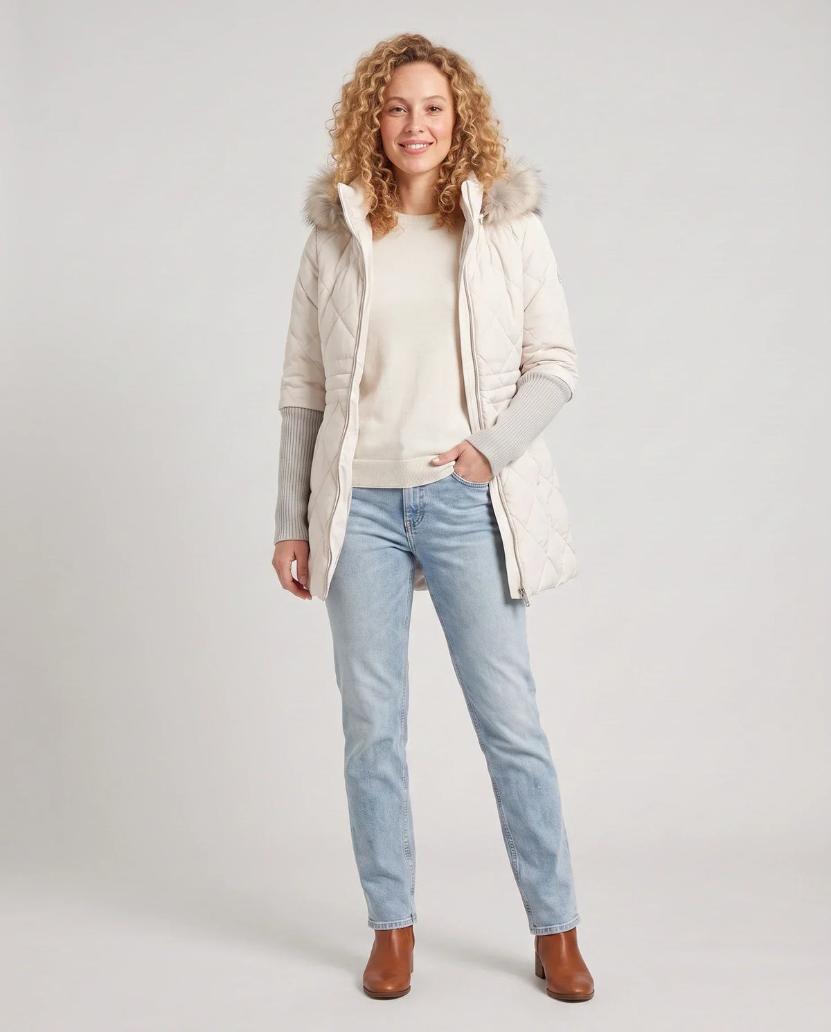 Mid-Length Quilted Parka with Knitted Sleeves