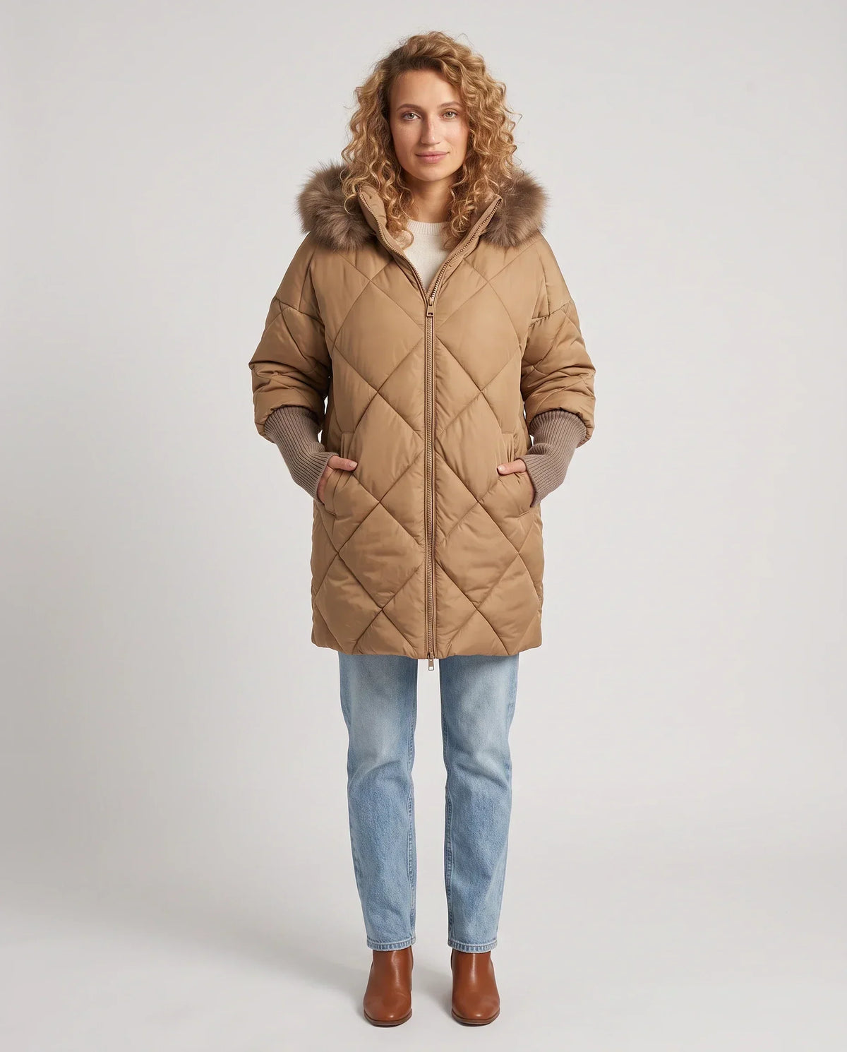 Mid-Length Quilted Parka with Knitted Sleeves