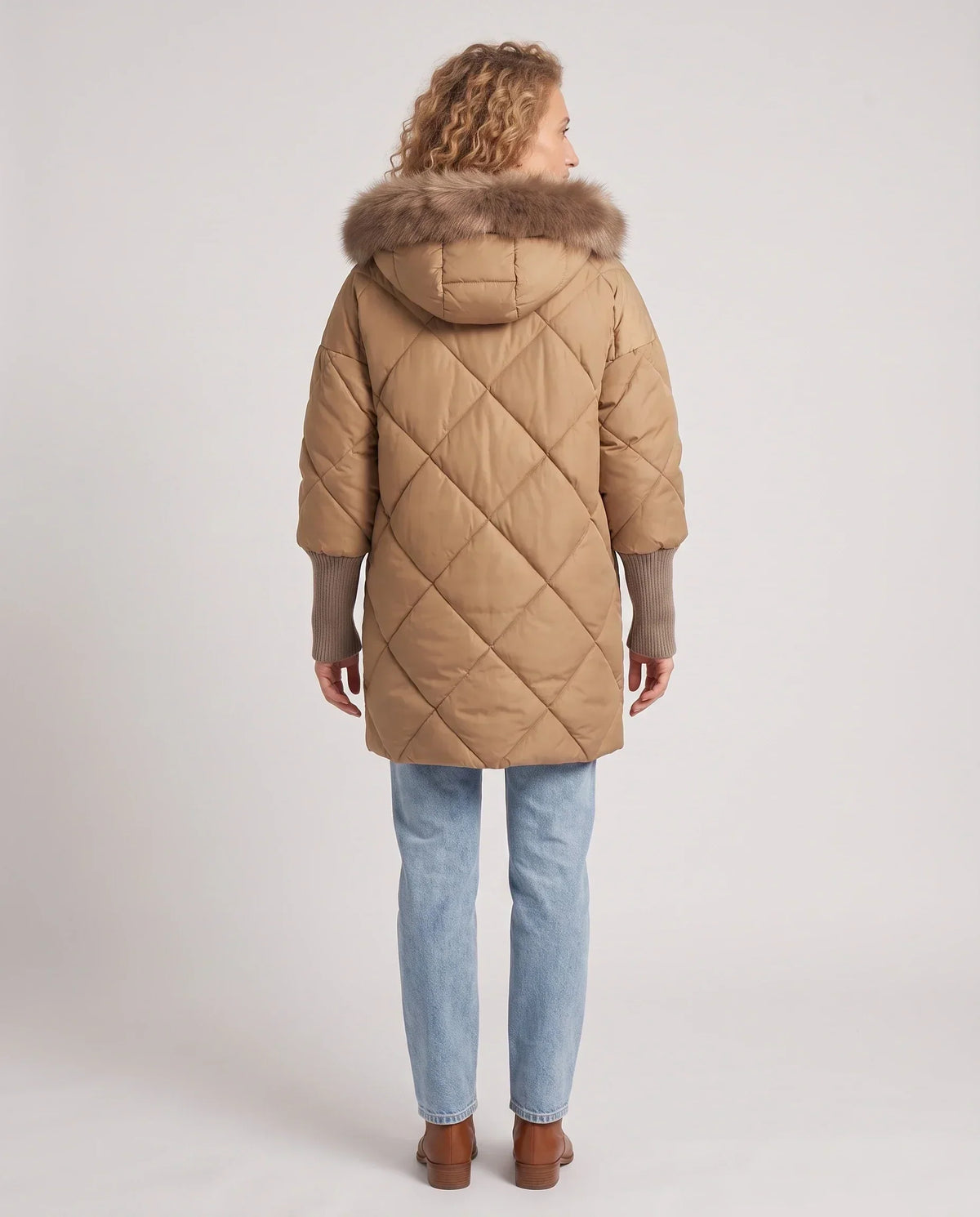 Mid-Length Quilted Parka with Knitted Sleeves