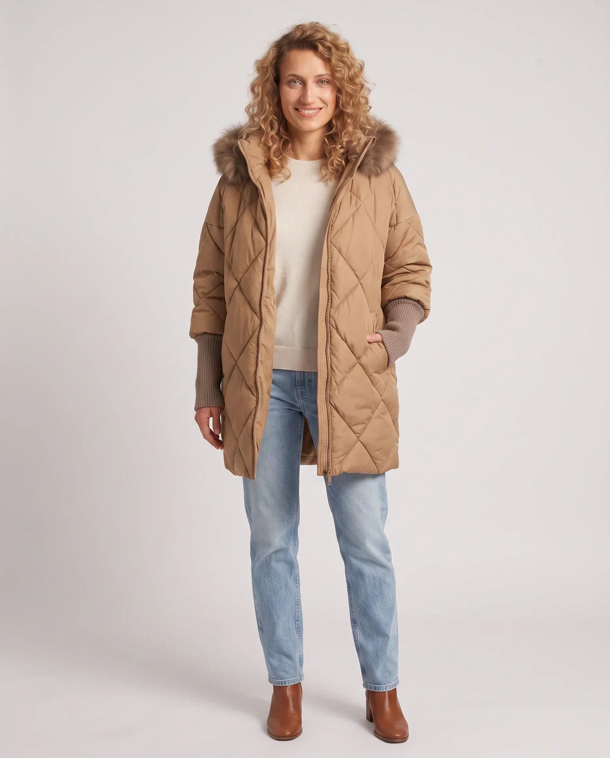 Mid-Length Quilted Parka with Knitted Sleeves