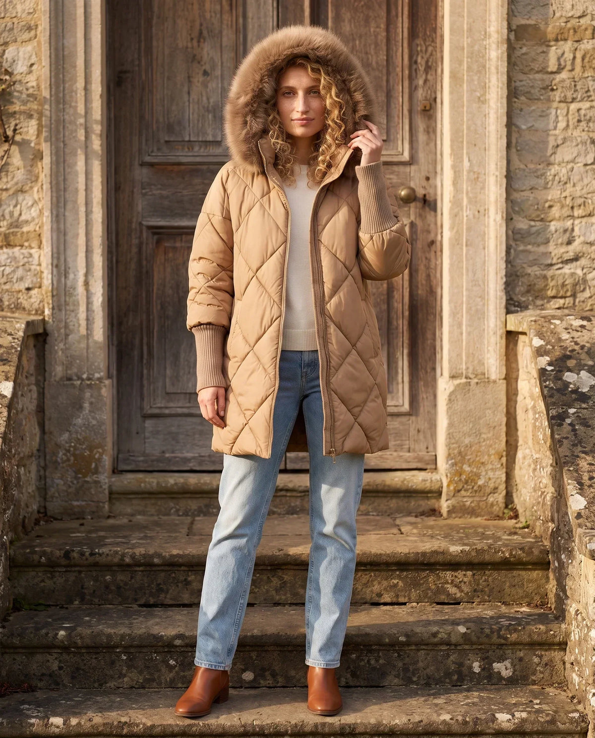 Mid-Length Quilted Parka with Knitted Sleeves