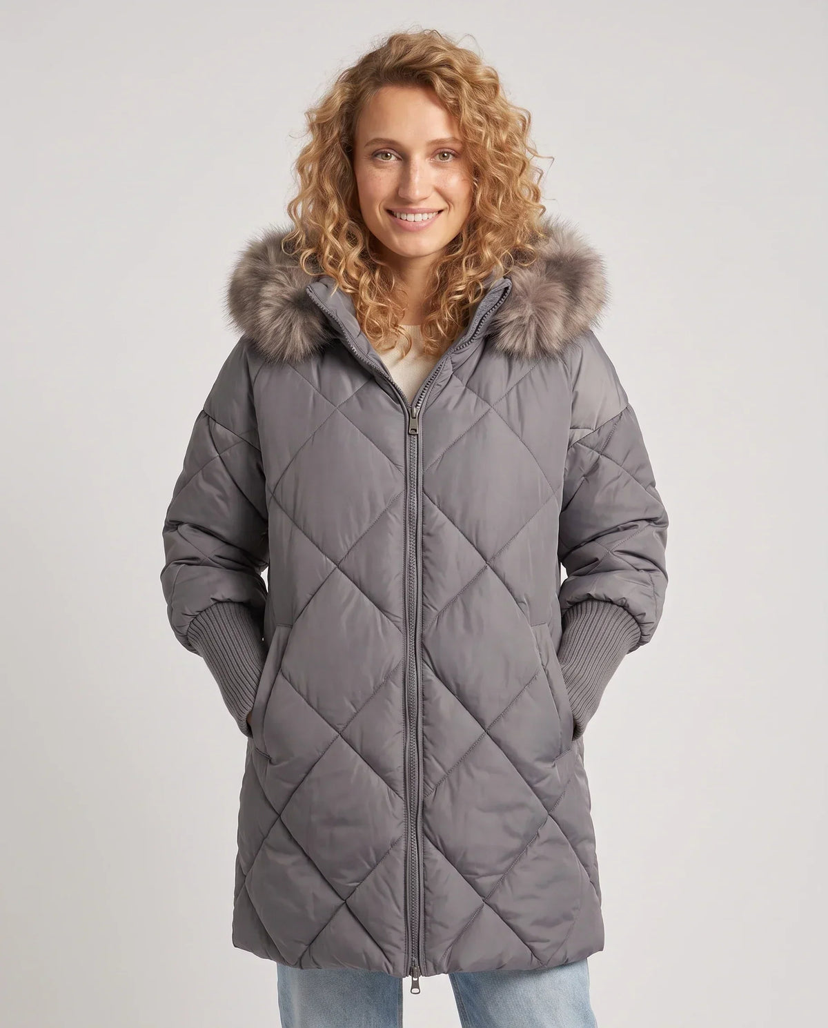 Mid-Length Quilted Parka with Knitted Sleeves