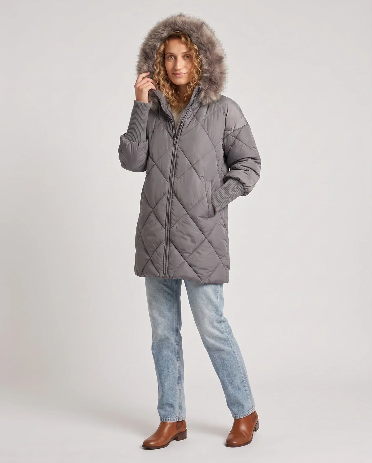 Mid-Length Quilted Parka with Knitted Sleeves