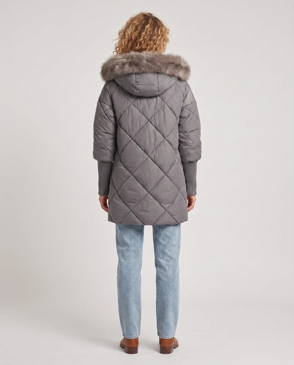 Mid-Length Quilted Parka with Knitted Sleeves