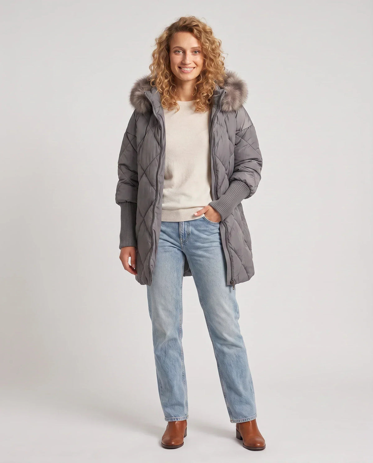 Mid-Length Quilted Parka with Knitted Sleeves
