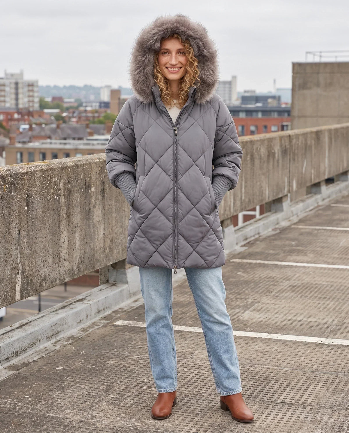 Mid-Length Quilted Parka with Knitted Sleeves
