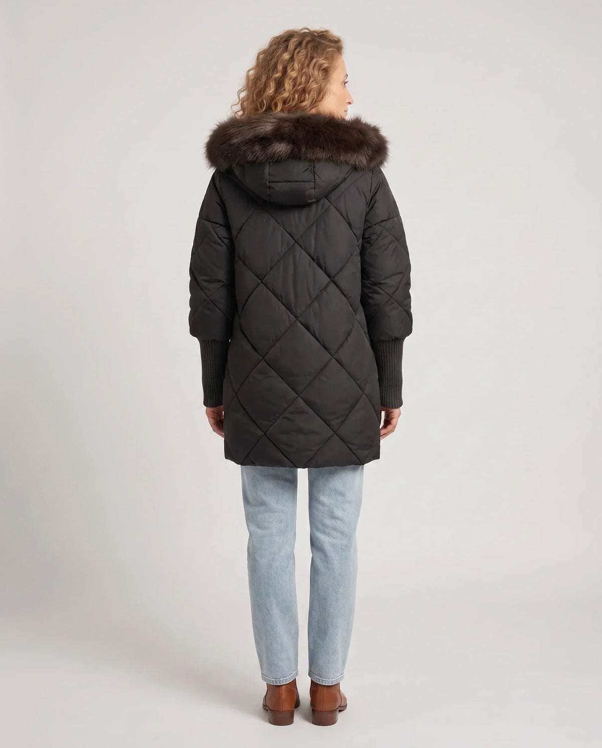 Mid-Length Quilted Parka with Knitted Sleeves