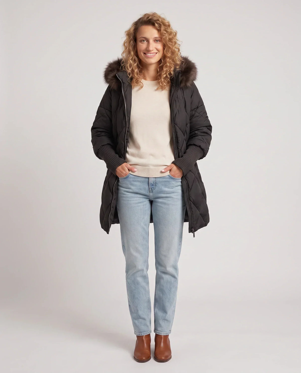Mid-Length Quilted Parka with Knitted Sleeves