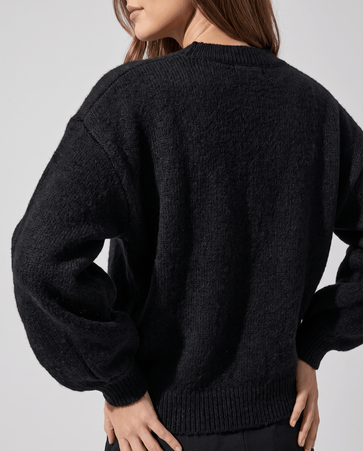 Pearl Button Cardigan Sweater – Crew Neck, Balloon Sleeve & Fuzzy Knit | Oriane