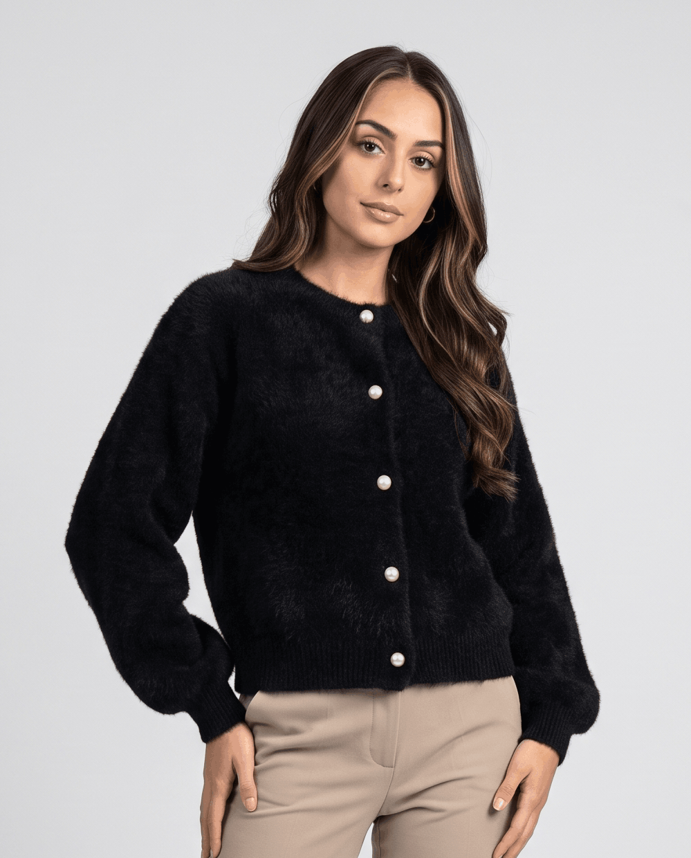 Pearl Button Cardigan Sweater – Crew Neck, Balloon Sleeve & Fuzzy Knit | Oriane