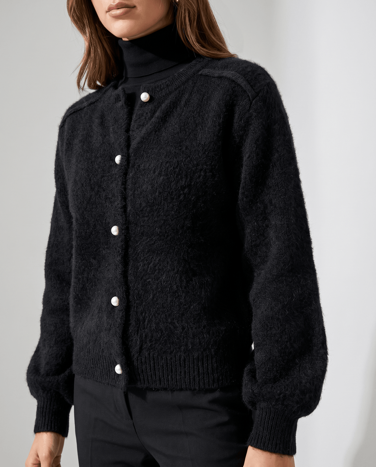 Pearl Button Cardigan Sweater – Crew Neck, Balloon Sleeve & Fuzzy Knit | Oriane