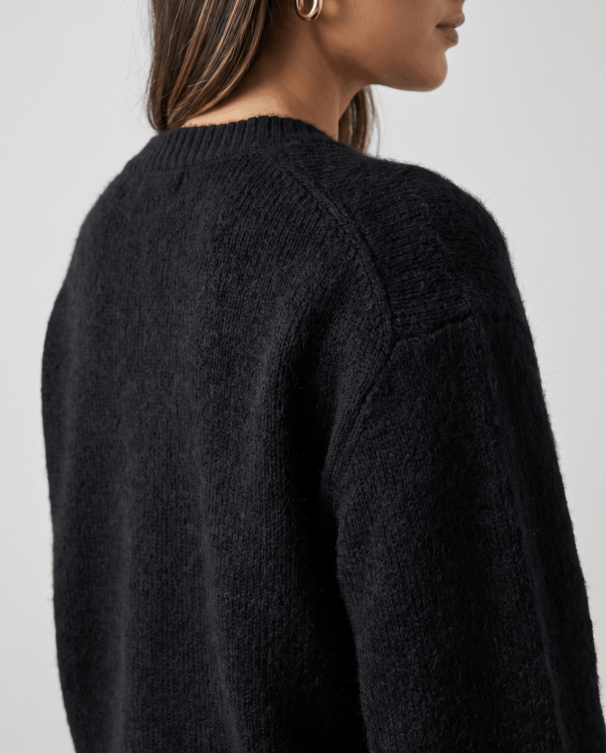 Pearl Button Cardigan Sweater – Crew Neck, Balloon Sleeve & Fuzzy Knit | Oriane