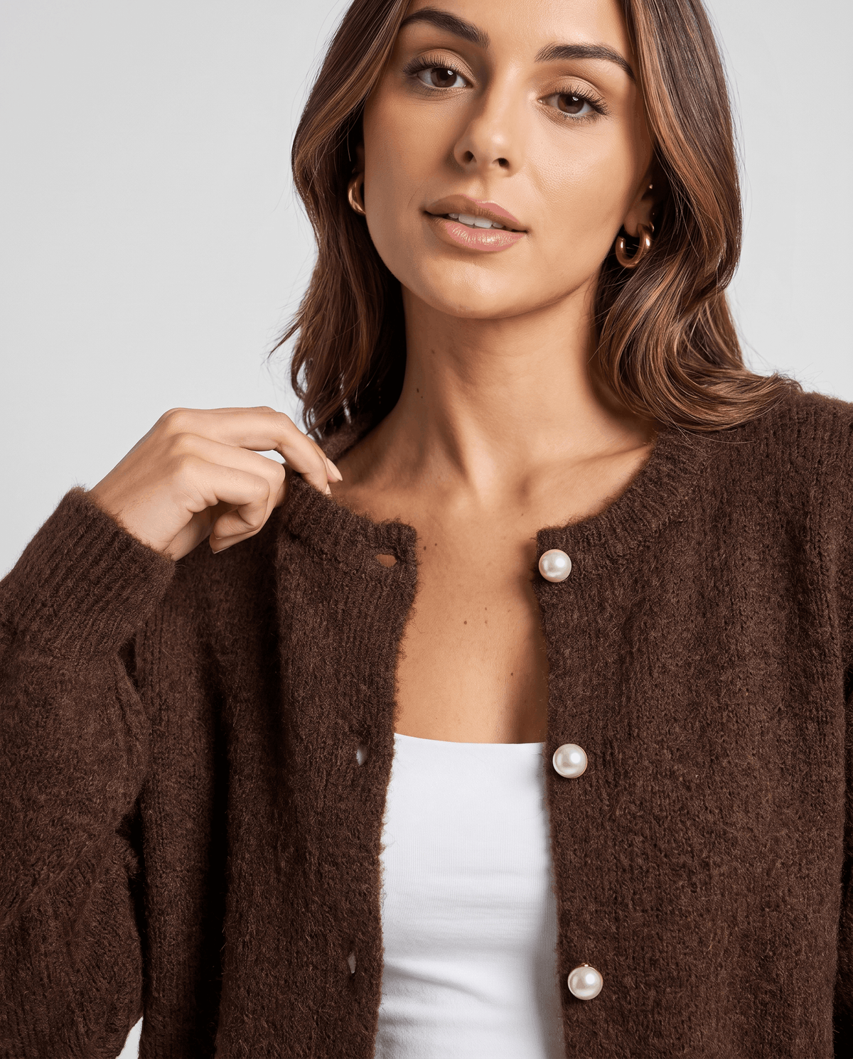 Pearl Button Cardigan Sweater – Crew Neck, Balloon Sleeve & Fuzzy Knit | Oriane