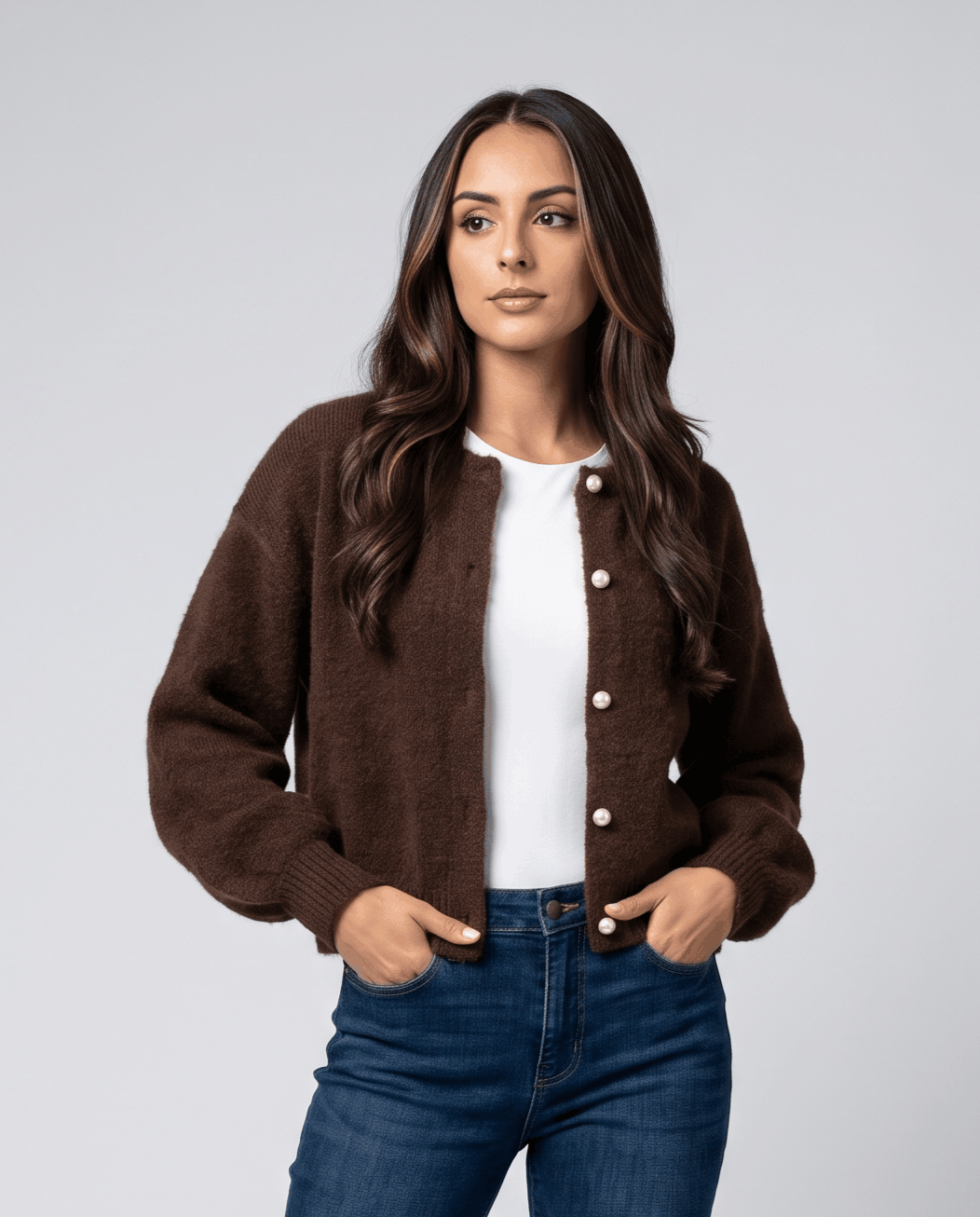 Pearl Button Cardigan Sweater – Crew Neck, Balloon Sleeve & Fuzzy Knit | Oriane