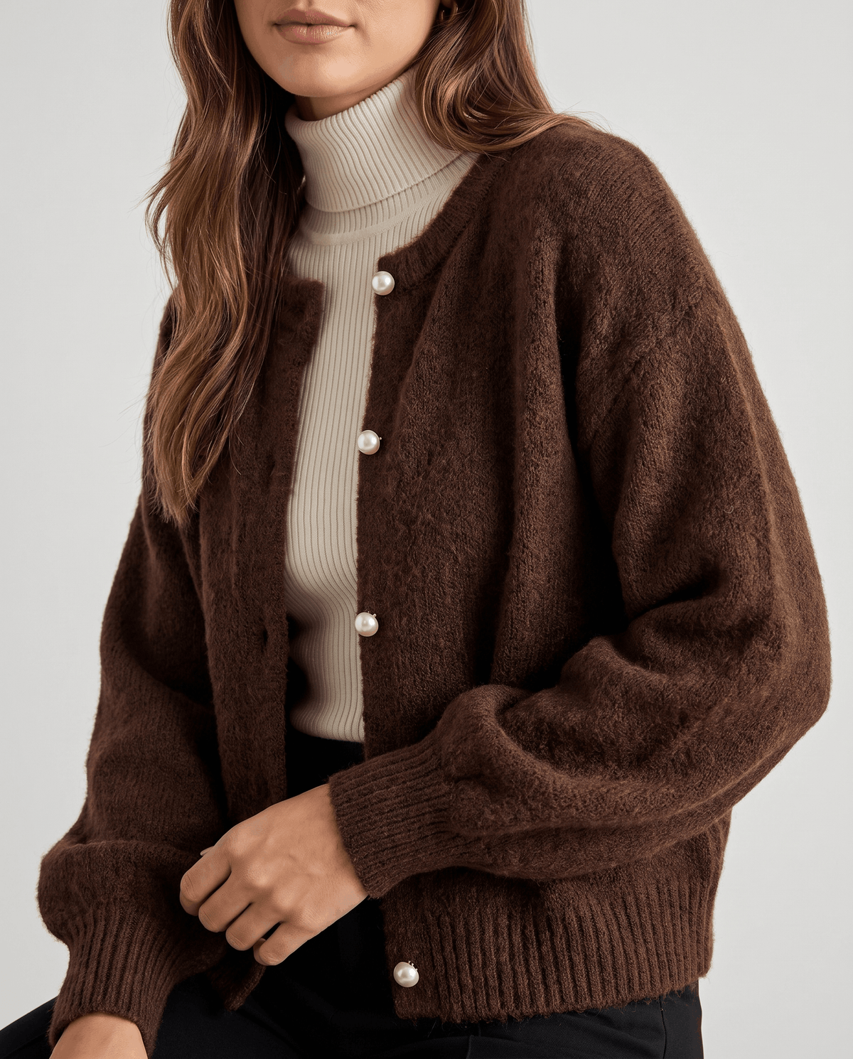 Pearl Button Cardigan Sweater – Crew Neck, Balloon Sleeve & Fuzzy Knit | Oriane
