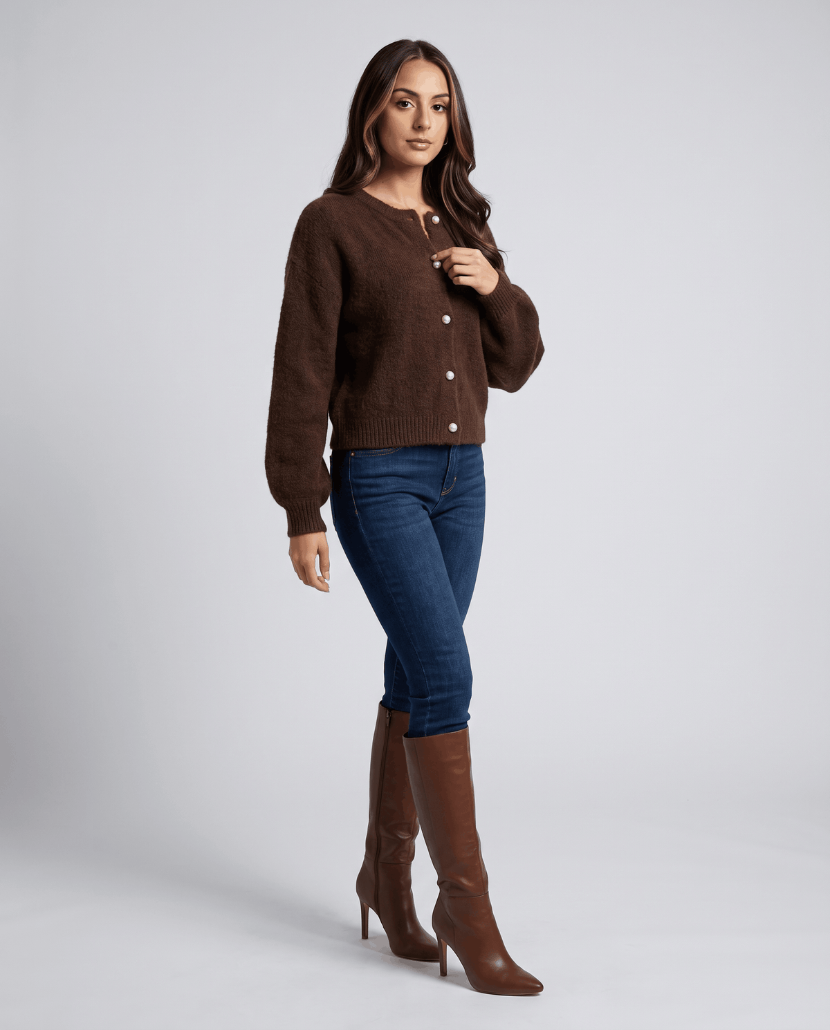 Pearl Button Cardigan Sweater – Crew Neck, Balloon Sleeve & Fuzzy Knit | Oriane