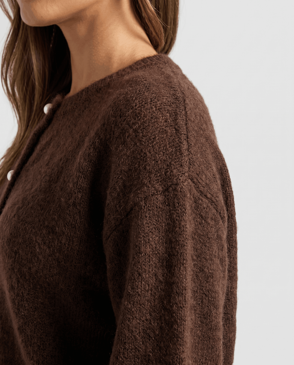 Pearl Button Cardigan Sweater – Crew Neck, Balloon Sleeve & Fuzzy Knit | Oriane
